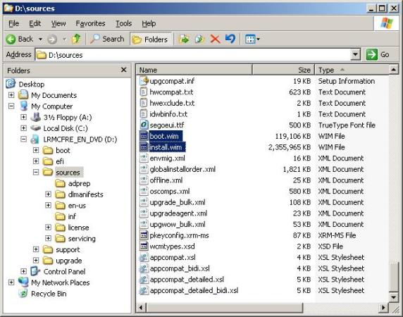 ������� 1: ����� Boot.wim � Install.wim � ����� /Sources �� ����� Vista DVD